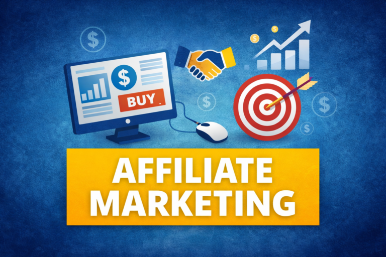 computer with a sales dashboard, handshake icon, target with arrow, growth chart, and dollar symbols representing commissions and online income.