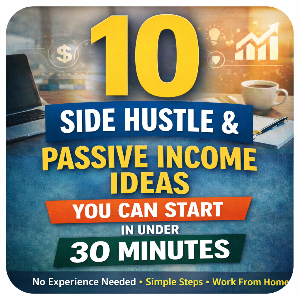 side hustle 10 Side Hustle & Passive Income Ideas You Can Start in Under 30 Minutes,” featuring a laptop, coffee cup, notebook, and financial growth icons in the background, highlighting work-from-home and beginner-friendly income opportunities.