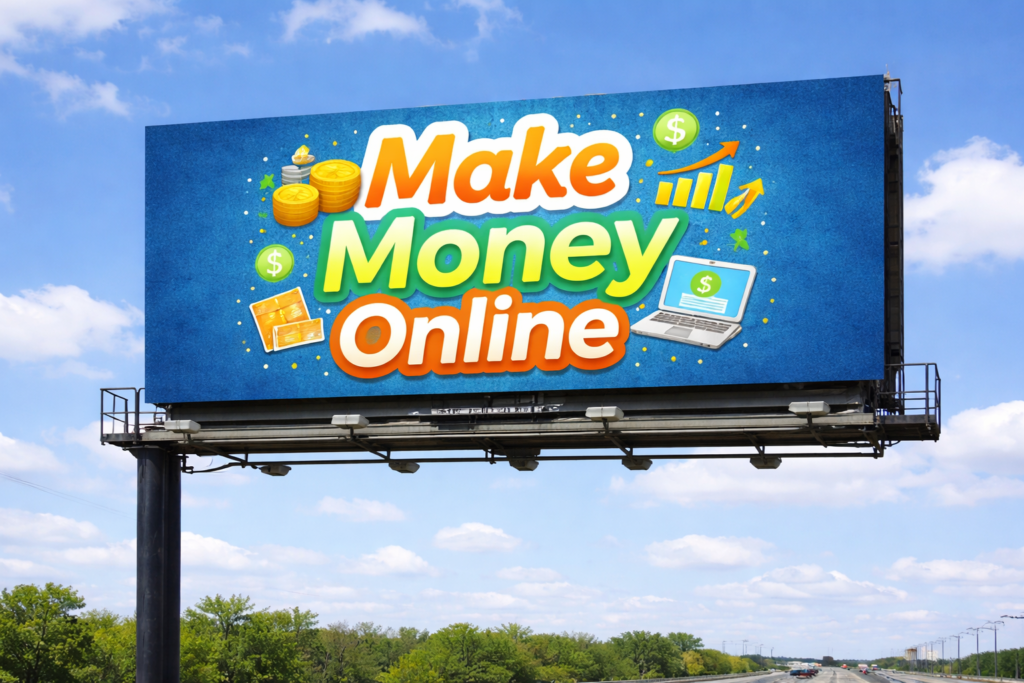 Highway billboard against a blue sky displaying the text “Make Money Online” in bold colorful lettering.