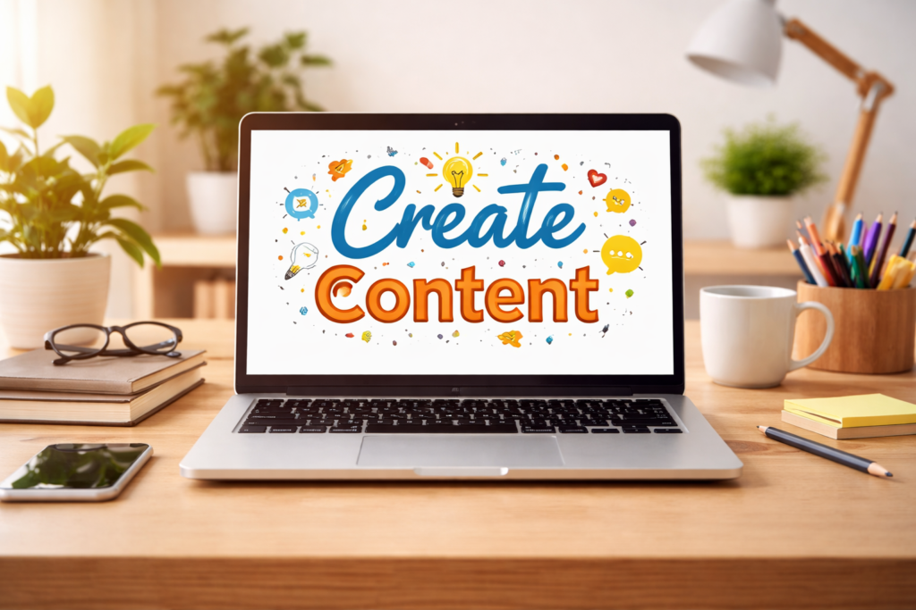 Modern desk with laptop displaying ‘Create Content’ on the screen in a clean workspace