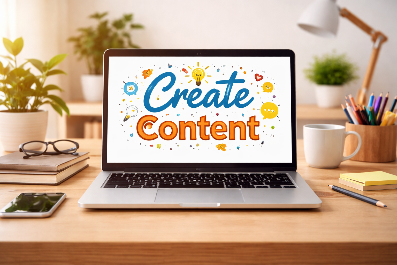 Modern desk with laptop displaying ‘Create Content’ on the screen in a clean workspace